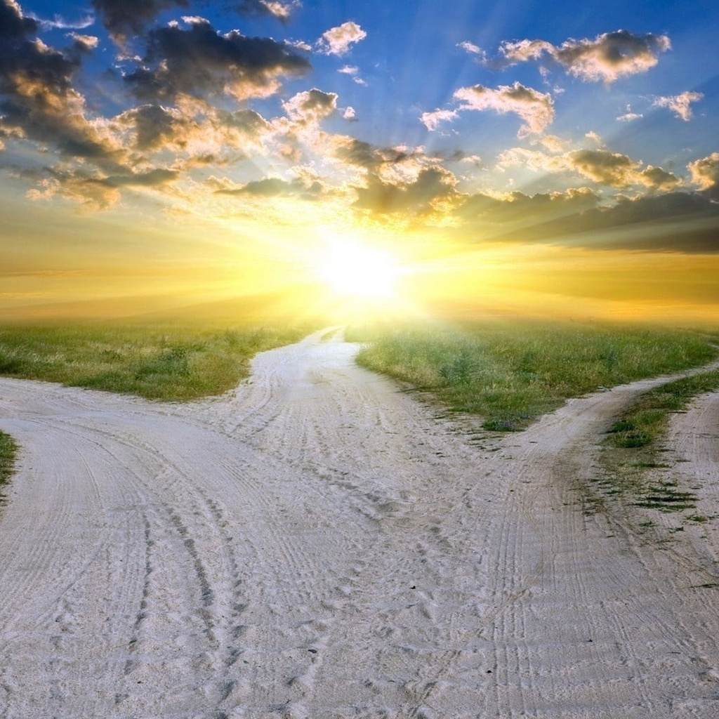 A path splits into three options with the sun shining in the background.