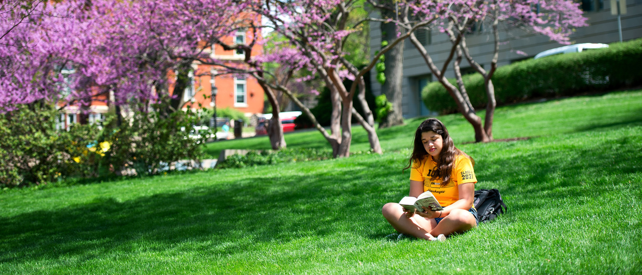 A student studying on the campus lawn on a warm spring day.